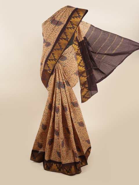 

Pothys Tan & Blue Floral Printed Zari Saree