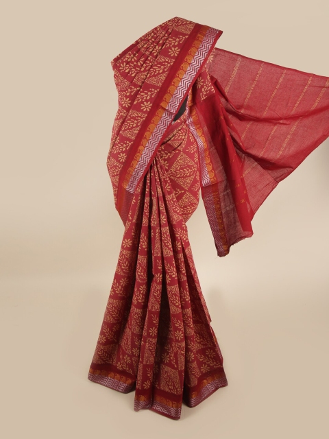 

Pothys Maroon & Gold-Toned Floral Printed Zari Saree