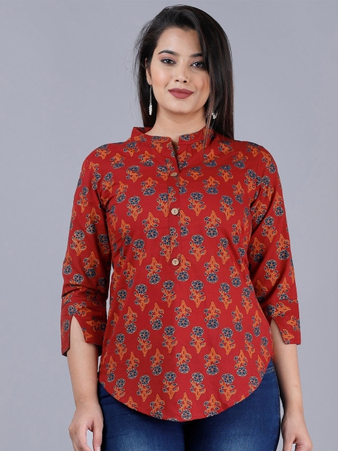 

PNEHA Rust & Blue Printed Mandarin Collar Shirt Style Top