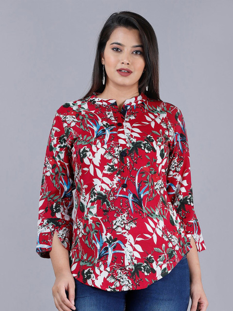 

PNEHA Pink Abstract Printed Mandarin Collar Regular Top