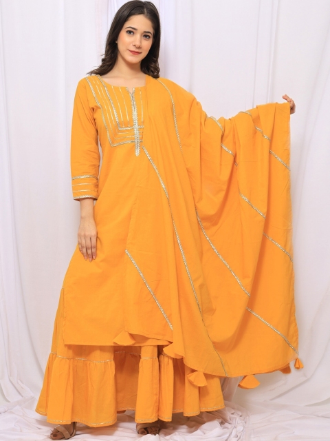

PNEHA Women Mustard Yellow Regular Gotta Patti Pure Cotton Kurta with Skirt & Dupatta