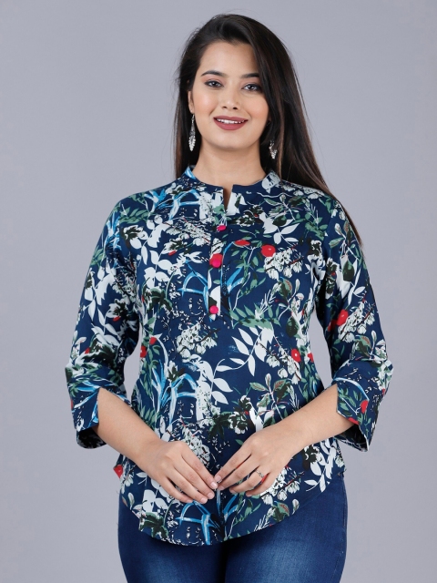 

PNEHA Teal Blue & White Floral Mandarin Collar Shirt Style Top