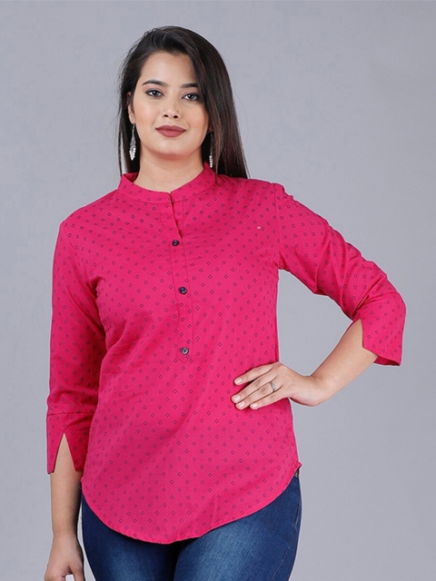 

PNEHA Pink & Blue Geometric Mandarin Collar Regular Top