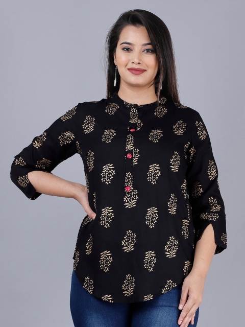 

PNEHA Black & Gold Printed Mandarin Collar Shirt Style Top