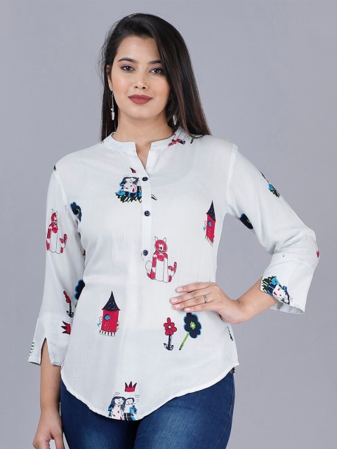 

PNEHA White Printed Mandarin Collar Top