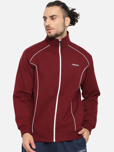 

GRIFFEL Men Maroon & White Fleece Front-Open Sweatshirt