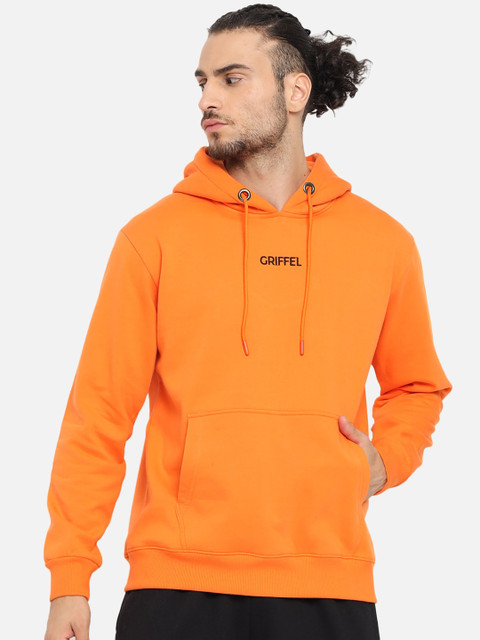 

GRIFFEL Men Orange Solid Fleece Hooded Sweatshirt