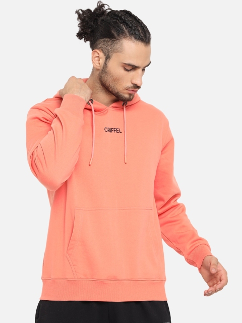 

GRIFFEL Men Peach Solid Fleece Hooded Sweatshirt