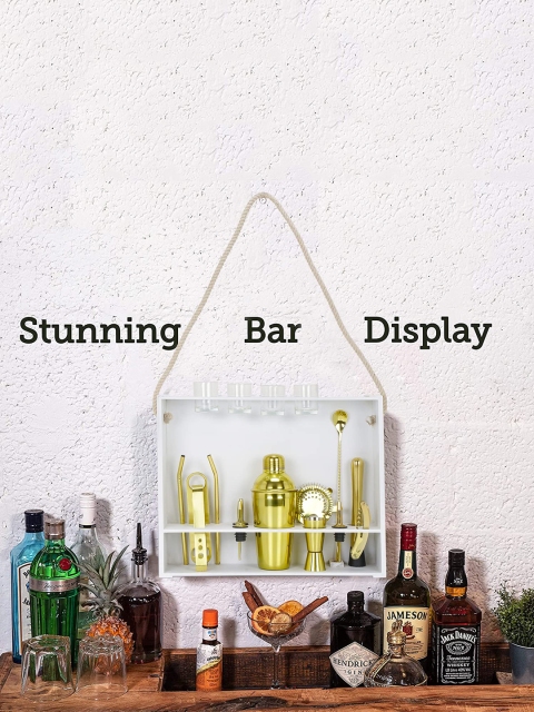 

BAR BOX Gold Home Bartending Tool Accessories Kit with White Stand Wall Mount, Silver