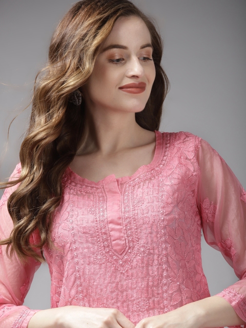 

ADA Pink Embroidered Chikankari Kurti With Matching Slip