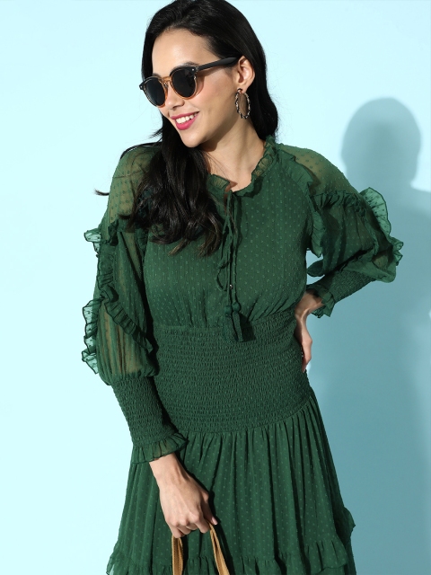 

Antheaa Women Gorgeous Green Self-Design Tiered Dress