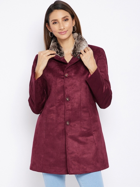 

Spirit Women Burgundy Solid Suede Tailored Fit Single Breasted Blazer Coat