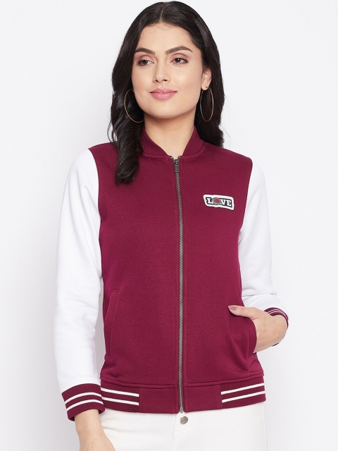 

HARBORNBAY Women Maroon & White Colourblocked Fleece Front-Open Sweatshirt