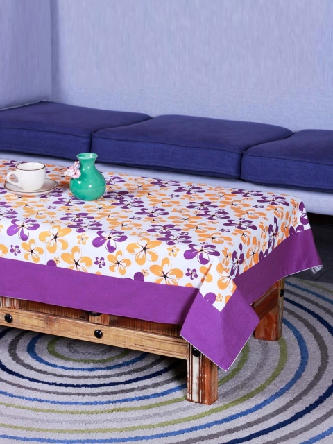 

Lushomes White, Purple & Yellow Floral Printed Pure Cotton 4-Seater Table Cloth, Multi