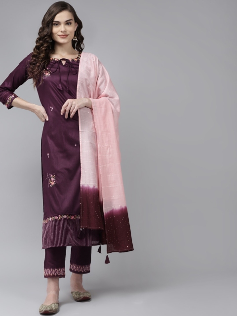 

Indo Era Women Purple Floral Embroidered Regular Kurta with Trousers & Dupatta