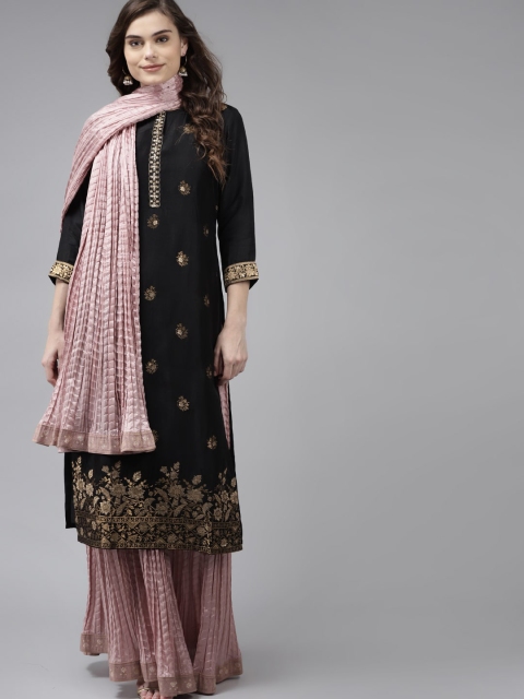 

Indo Era Women Black Ethnic Motifs Embroidered Regular Liva Kurta with Skirt & Dupatta