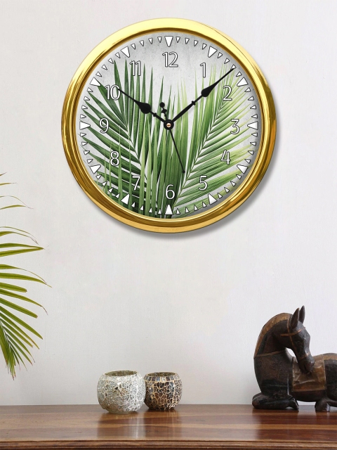 

999Store White Printed Round Coconut Leaves Printed Analogue Wall Clock