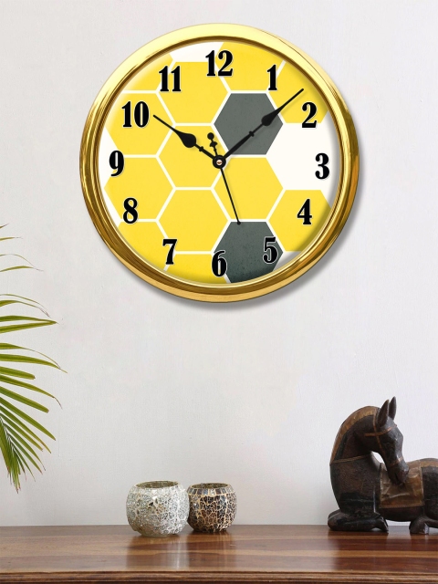 

999Store Yellow Honeycomb Printed Round Analogue Wall Clock