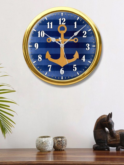 

999Store Blue Round Modern Golden Anchor Printed Analogue Wall Clock