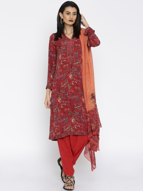 

BIBA Red Printed Kurta with Trousers & Dupatta