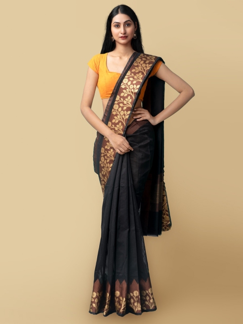 

Unnati Silks Women Black & Gold-Toned Solid Silk Cotton Saree