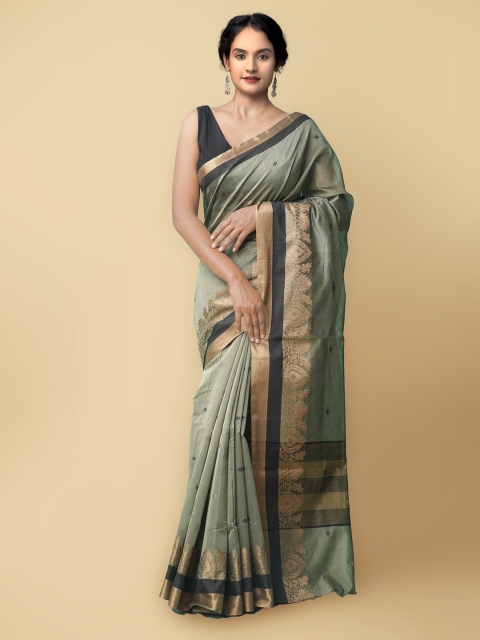 

Unnati Silks Grey & Green Woven Design Silk Cotton Baluchari Saree