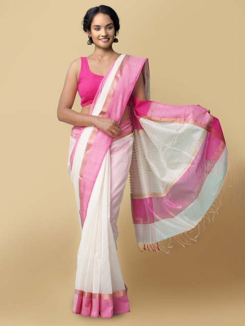 

Unnati Silks Cream-Coloured & Pink Woven Design Silk Cotton Maheshwari Saree