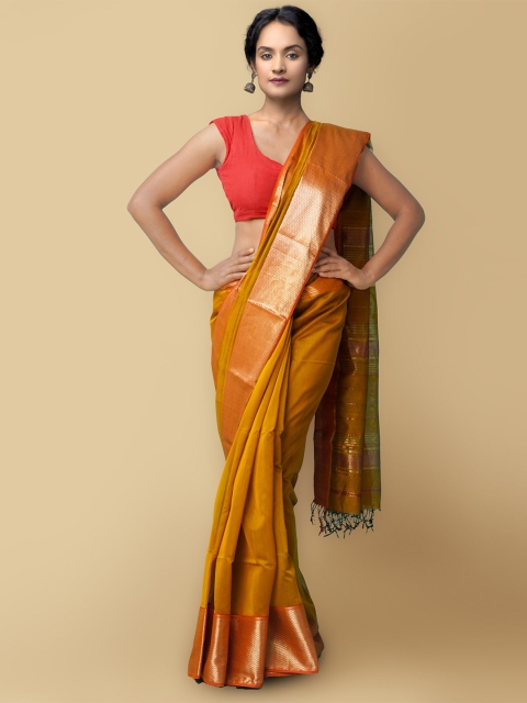 

Unnati Silks Women Olive Green & Gold-Coloured Pure Handloom Maheshwari Sico Sustainable Saree