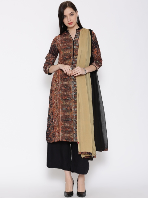 

Biba Brown & Black Printed Kurta with Palazzo Trousers & Dupatta