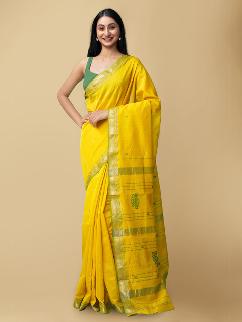 

Unnati Silks Yellow & Green Woven Design Silk Cotton Maheshwari Saree