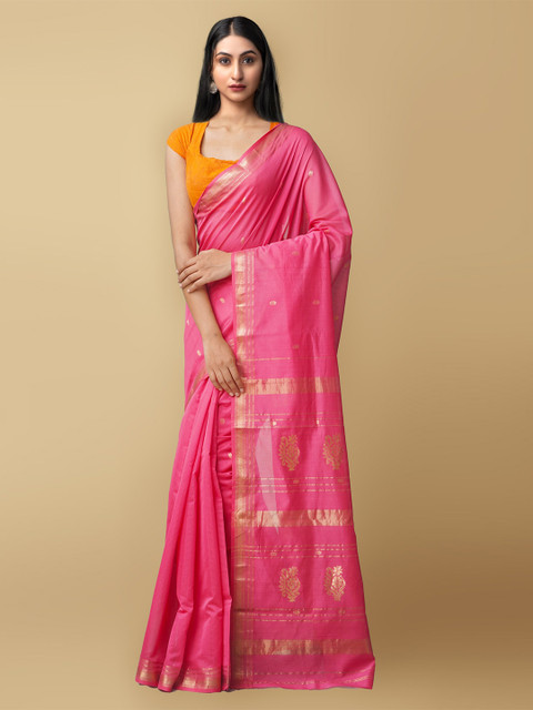 

Unnati Silks Pink & Gold-Coloured Ethnic Motifs Zari Silk Cotton Maheshwari Saree