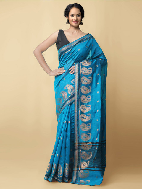 

Unnati Silks Blue & Gold-Toned Woven Design Silk Cotton Baluchari Saree