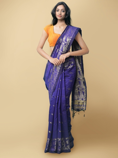 

Unnati Silks Blue & Grey Woven Design Pure Linen Jamdani Saree