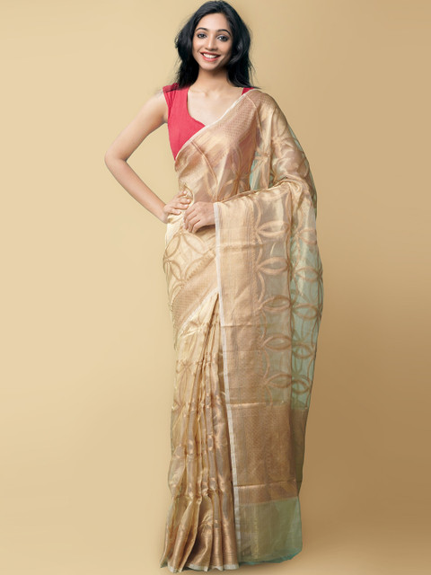 

Unnati Silks Brown & Gold-Toned Woven Design Zari Tissue Murshidabad silk Saree