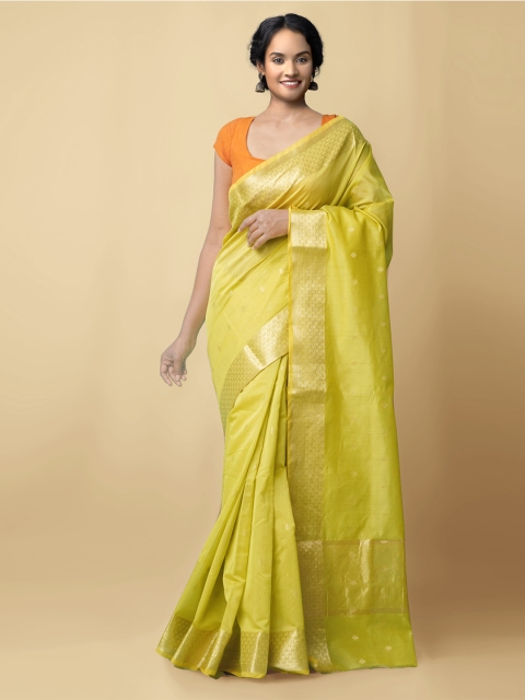 

Unnati Silks Green & Gold-Coloured Ethnic Motifs Zari Silk Cotton Baluchari Saree