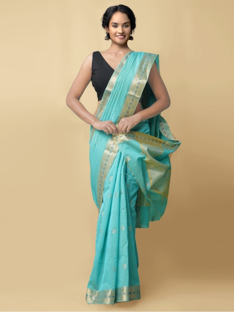 

Unnati Silks Women Turquoise Blue & Gold-Toned Bangalore Sico Saree