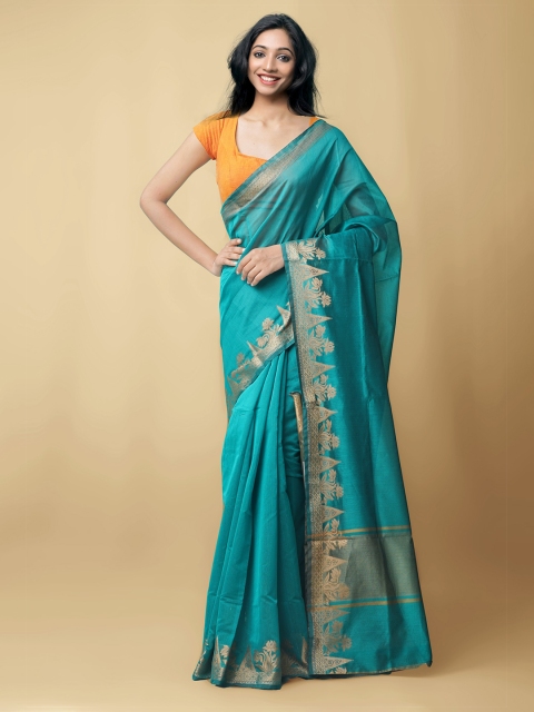 

Unnati Silks Turquoise Blue & Gold-Toned Zari Silk Cotton Baluchari Saree