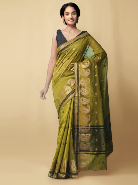 

Unnati Silks Olive Green & Gold-Toned Woven Design Silk Cotton Baluchari Saree