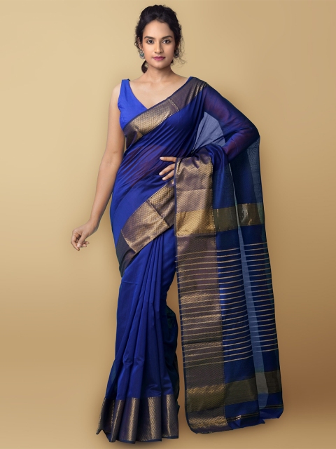 

Unnati Silks Blue & Gold-Coloured Zari Silk Cotton Maheshwari Saree