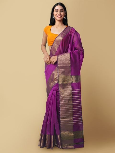 

Unnati Silks Purple & Gold-Toned Woven Design Silk Cotton Maheshwari Saree