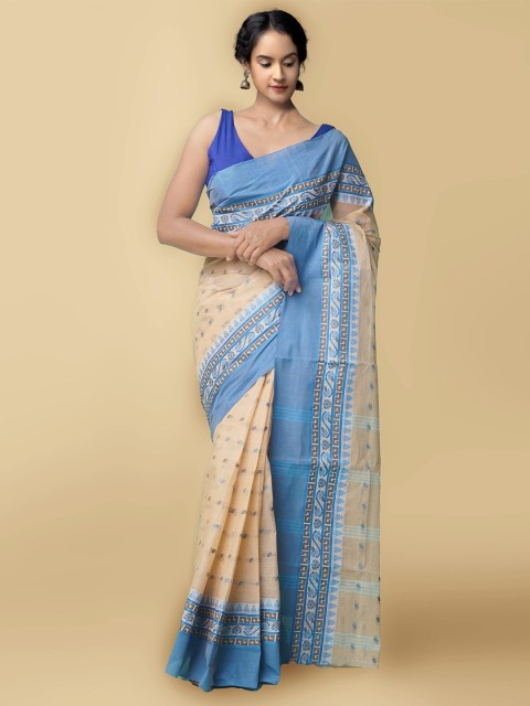 

Unnati Silks Women Beige & Blue Pure Handloom Bengal Tant Cotton Sustainable Saree