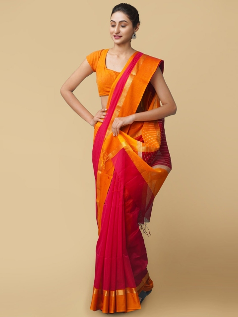 

Unnati Silks Red & Orange Woven Design Zari Silk Cotton Maheshwari Saree