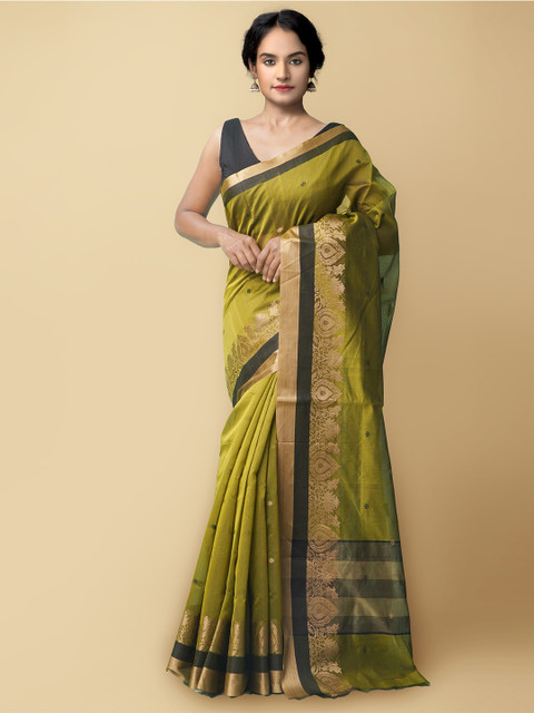 

Unnati Silks Green & Black Ethnic Motifs Woven Designed Silk CottonSaree