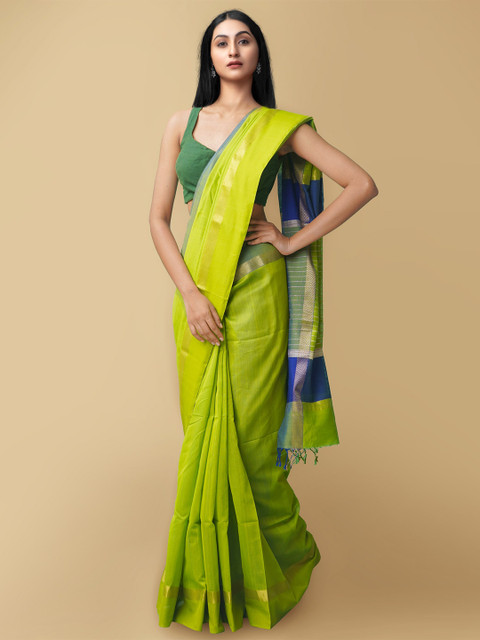 

Unnati Silks Green & Blue Woven Design Silk Cotton Maheshwari Saree
