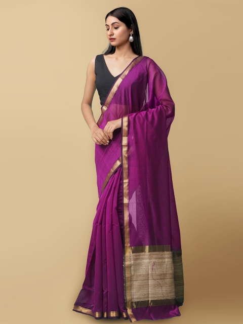 

Unnati Silks Purple & Gold-Toned Zari Silk Cotton Maheshwari Saree