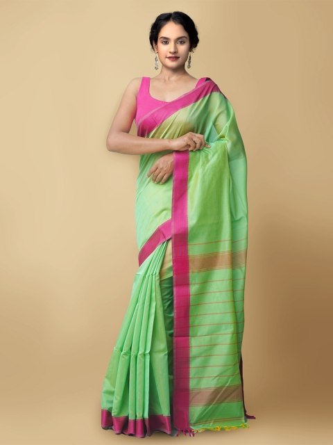 

Unnati Silks Women Green & Pink Pure Handloom Maheshwari Sico Sustainable Saree