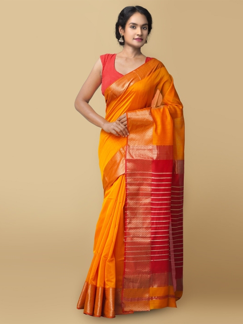 

Unnati Silks Orange & Red Zari Silk Cotton Maheshwari Saree