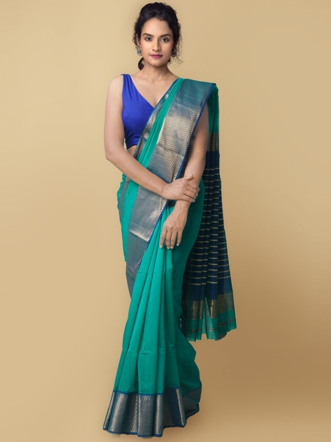 

Unnati Silks Women Green & Blue Pure Handloom Maheshwari Sico Sustainable Saree