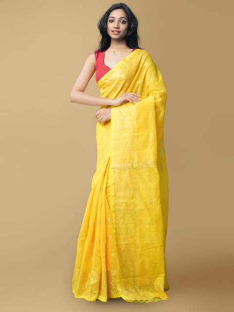 

Unnati Silks Yellow & Gold-Toned Woven Design Pure Linen Jamdani Saree