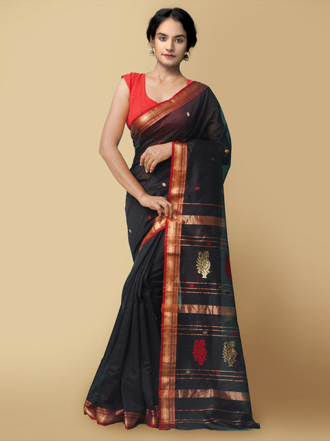 

Unnati Silks Black & Red Woven Design Zari Silk Cotton Maheshwari Saree